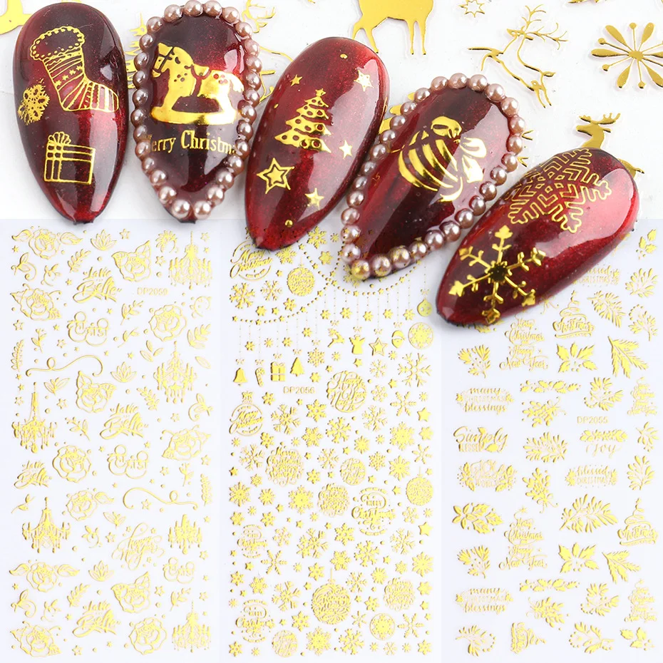 

Nail art stickers ins classic 5D golden flower leaf Christmas snowflake elements nail adhesive stickers nail nail decorations