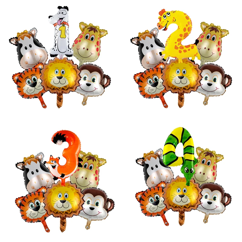 1Set Mini Animals Number Foil Balloons Jungle Theme Baby Shower Birthday Party Decorations Supplies Helium Globos Kids Toys | Дом и сад