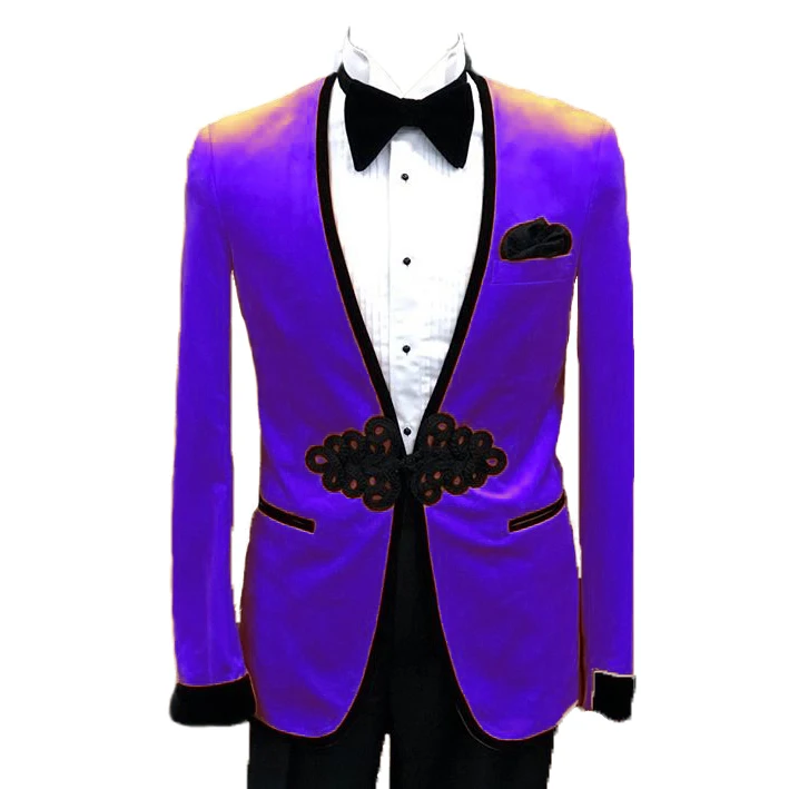 purple Мужской Жаккардовый костюм с воротником для свадьбы, банкета, мужской костюм на одной пуговице, мужской костюм из трех предметов(пиджак+ брюки+ галстук+ жилет - Цвет: purple