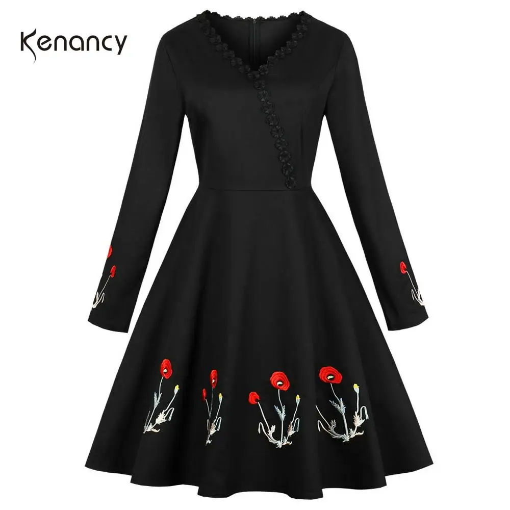 Женское винтажное платье с V-образным вырезом длинным рукавом и цветочной