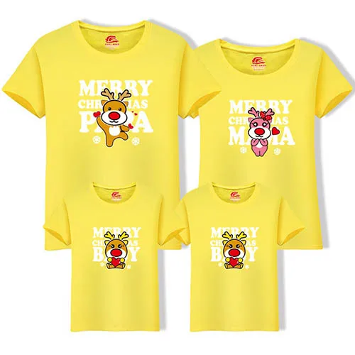 Christmas Casual Family Matching Clothes Cotton T-shirt Summer Mother Daughter Cartoon Short Sleeve Dad Mom Baby Family Suit - Цвет: Цвет: желтый