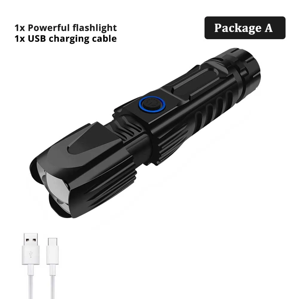 Package A Супер яркий светодиодный светильник XHP90 с функцией USB входа и выхода, 5 режимов, тактический фонарь с бликами, водонепроницаемый светильник с зумом, уличный светильник - Испускаемый цвет: Package A