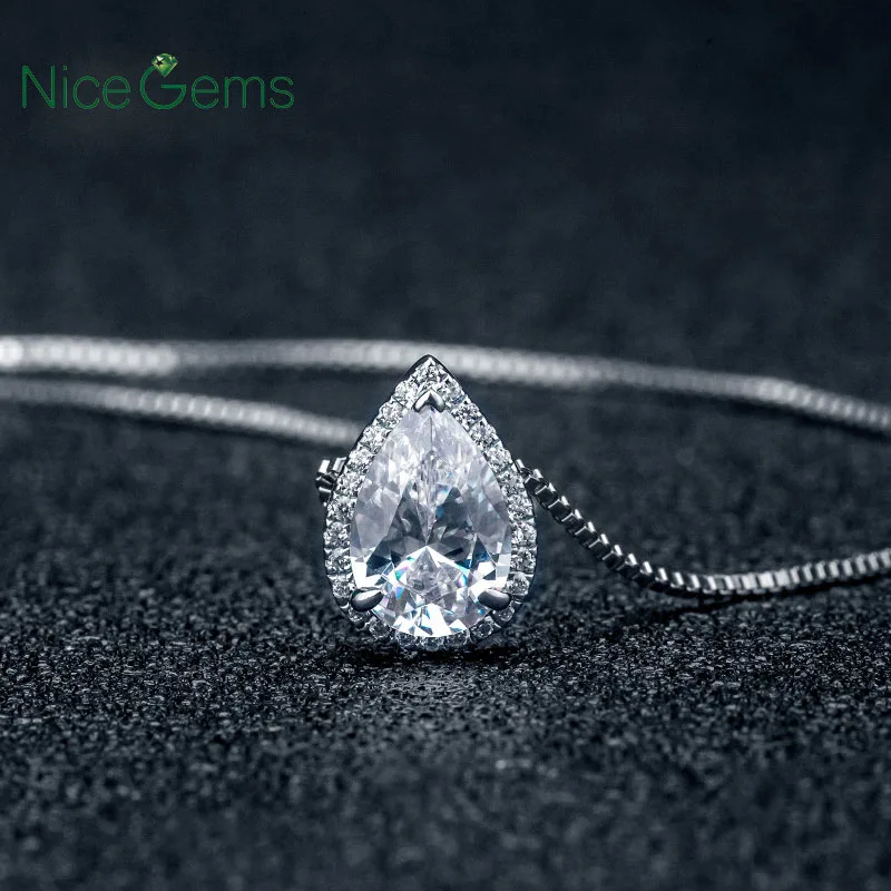 NiceGems твердая 14K 585 белая Золотая груша 2.1ct Halo Moissanite подвеска-ожерелье 18 дюймов цепочка для женщин ювелирные украшения