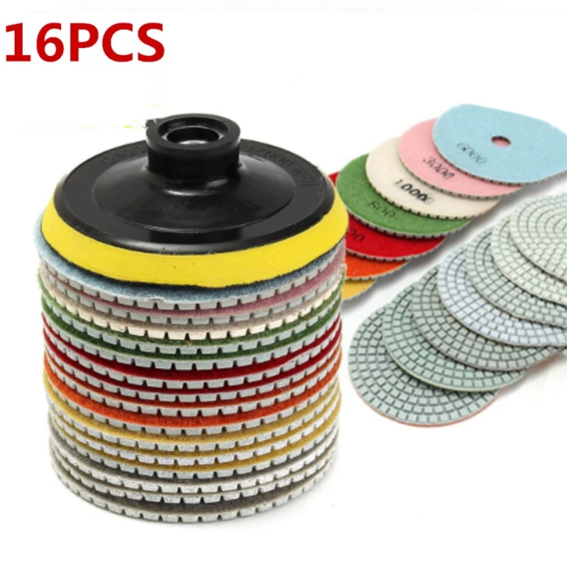 

16Pcs Diamond Polishing Pads Kit 4 Inch 100 Mm Wet/Dry For Granite Stone Concret