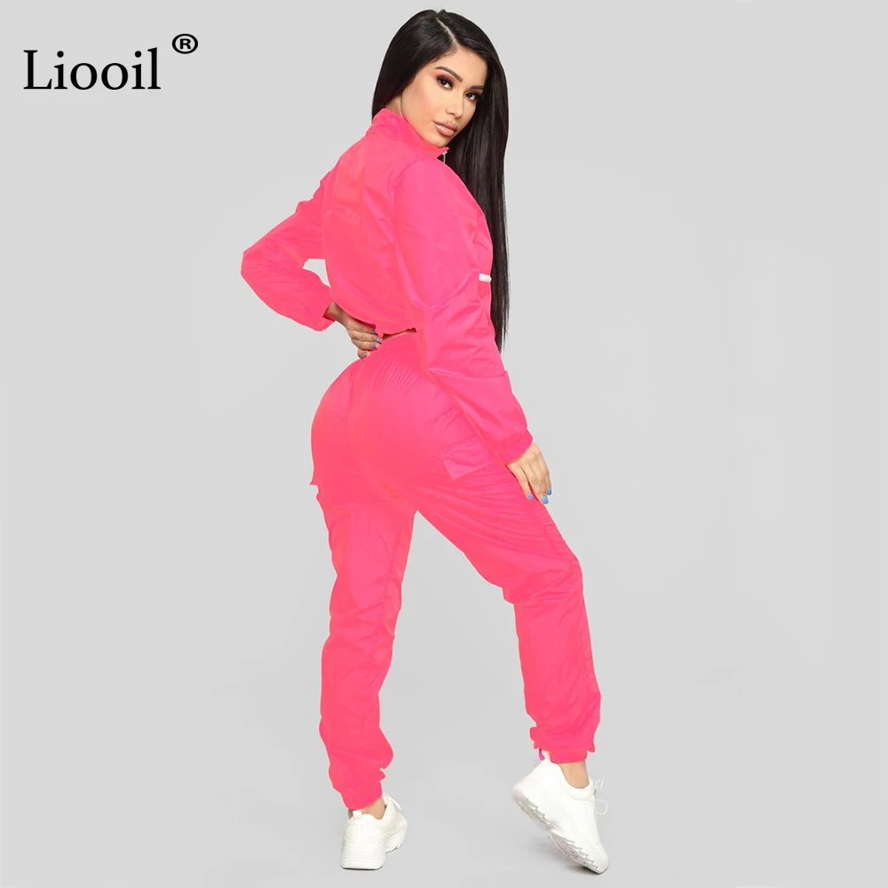 Liooil Neon Green/женская одежда комплект из двух предметов, спортивный костюм осень, укороченный топ с длинными рукавами на молнии и спортивные штаны, комплекты для бега