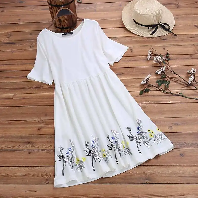 Белый Women Casual Mini Dress Summer Sundress ZANZEA Lady Loose Long Shirt Vestidos Floral Print Bohemian Beach Party Short Robe - Цвет: Белый