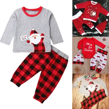 オンライン 3 枚子供ベビーガールボーイ私 1st クリスマス春秋長袖ファッションロンパース Tシャツチェック柄パンツ衣装セット