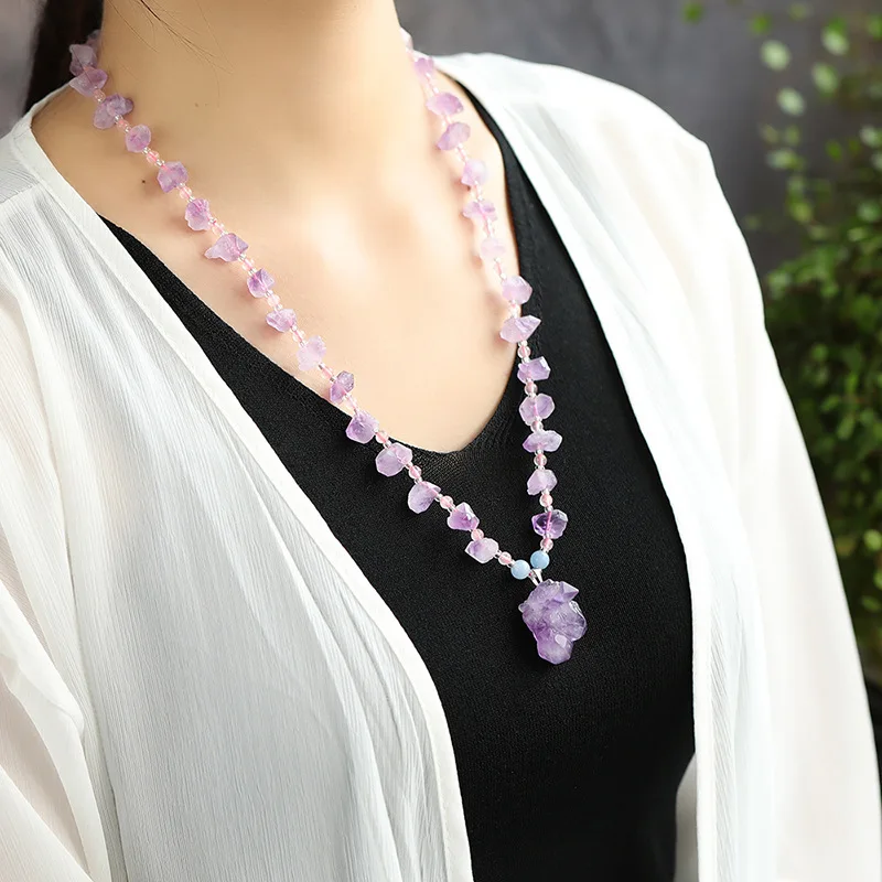 Dropshipping Lavender Purple Natural Crystal Necklace Original Stone Purple Pendant Necklace Women Wisdom Stone Necklace Jewelry
