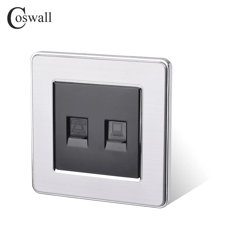 COSWALL RJ45 Интернет-разъем для передачи данных CAT5E разъем с 2 ядрами RJ11 телефонная розетка из нержавеющей стали матовая панель настенная розетка