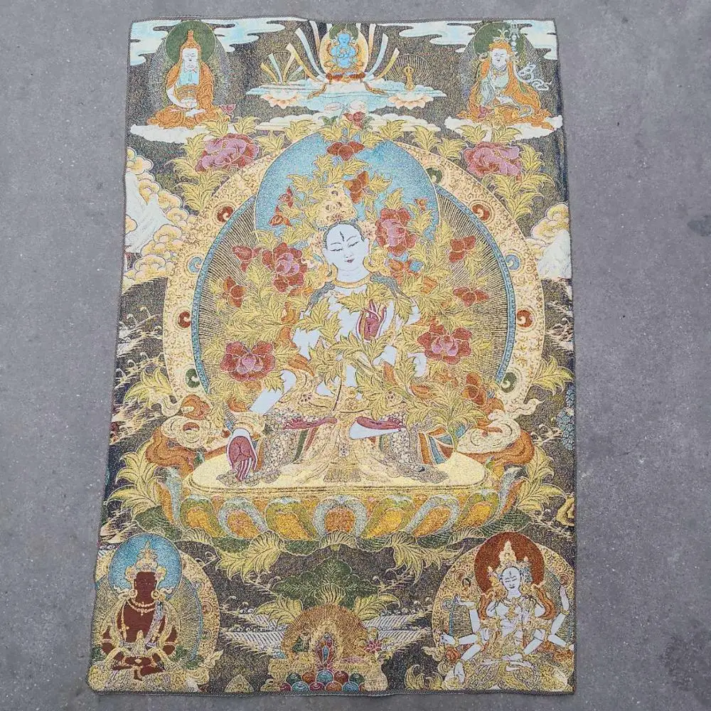 

Home Decor 35" Thangka embroidery Tibetan Buddhism silk embroidery brocade Nepal Six-eyed White Tara Buddha Statue Thangka