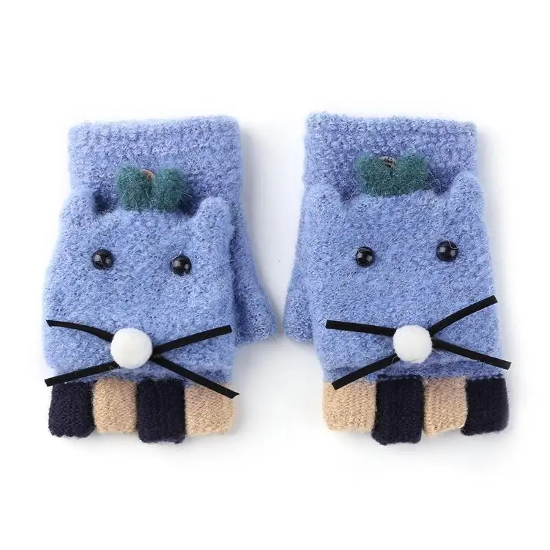 1 Pair Winter Kids Gloves Baby Knit Thicken Warm Hand Muff Children Full Finger Cute Ears Glove Cute Cartoon Thicken Warm Gloves - Цвет: Sky Blue