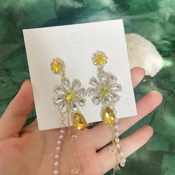 

New Exaggerated Purple Yellow Flower Crystal Long Pearl Tassel Drop Earrings For Women Girls Party Jewelry