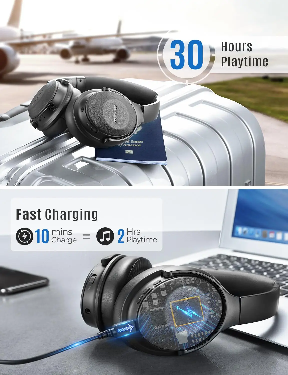 MPOW H17 Bluetooth 4.1/3.5mm Cable Headphone With Mic Over Ear Hifi Stereo Sounds Music Headset 30 Hours Study Gaming Earphone