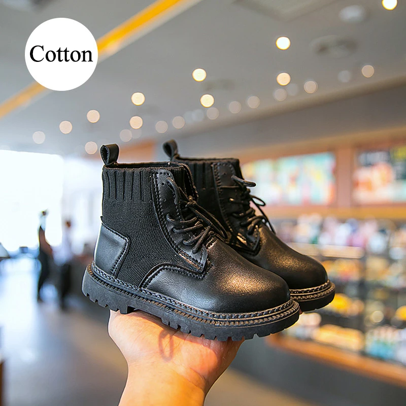 Black cotton Ботинки martin; Новинка года; Детская школьная обувь; вязаные кожаные ботильоны; нескользящие ботинки; Школьная обувь для мальчиков и девочек - Цвет: Black cotton