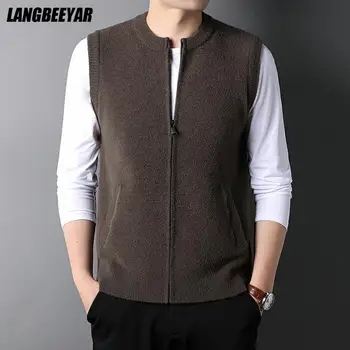 최고급 신상 가을 겨울 패션 브랜드 지퍼 니트 가디건 스웨터 조끼, 남성 레트로 크루 모직 민소매 캐주얼 남성 의류