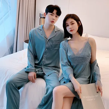 

Summer Couple Pajamas Sets Sexy Lace Women Robe Set Men Shirt&Pants Lovers' Sleep Set Loose Kimono Gown Casual Home Clothes