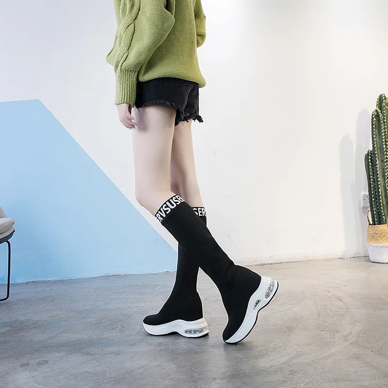 Эластичные сапоги выше колена, женские носки, черные сапоги, высокие облегающие вязаные сапоги, кроссовки, дизайнерская обувь на платформе