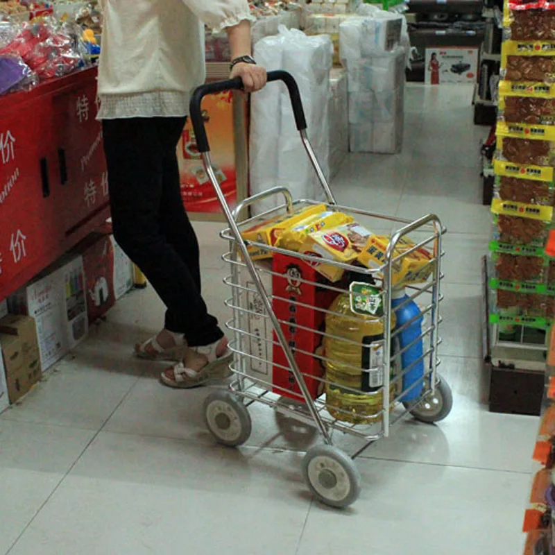Aluminum Alloy Shopping Cart, Grocery Wagon, 15cm Big Wheel Folding Trolley, Small Trailer Food Basket