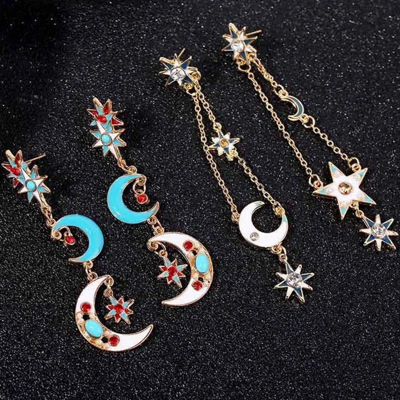 

Fashion Long Earrings Brincos Moon And Star Pearl Blue Rhinestone Earing For Women Blue Space Asymmetry Gift Jewelry Earings