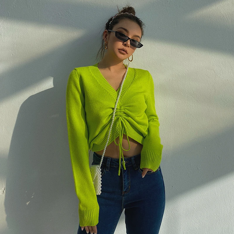 

New Spring Drawstring V Neck Sweater Women Ruched Short Knitted Pullover Femme Sweaters And Pullovers Knit Jumper Ladies Sweater