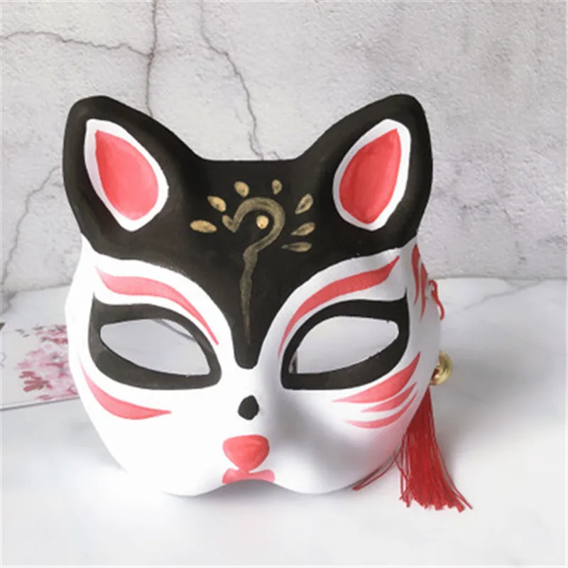 2 шт Вечерние Маски рисованная маска Аниме COS Cat Fox маска с колокольчик-кисточка - Цвет: black 2
