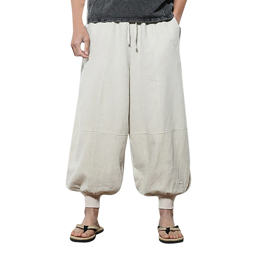 Beige Осенние повседневные шаровары для бега, мужские повседневные шаровары для фитнеса с эластичной резинкой на талии, хлопковые льняные свободные ретро брюки размера плюс spodnie - Цвет: Beige