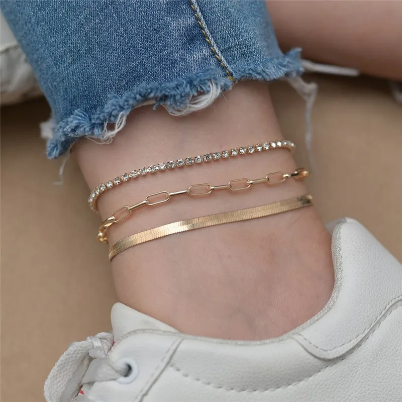 

VAGZEB 3pcs/set Fashion Crystal Anklet Jewelry Gold Color Anklets Fashion Ankle Foot Jewelry Leg Chain on Foot for Women Gifts