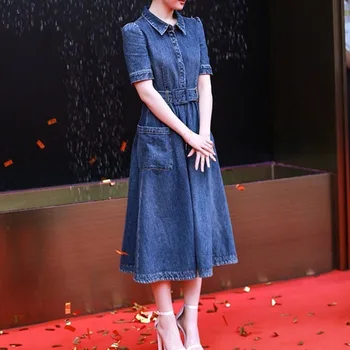 

2020 Vintage Denim Dress Women Casual Elegant Office Chic Korean Midi Dresses Solid Blue Retro Jeans Vestidos Belt Summer XL