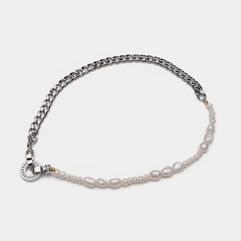 Amorita boutique fashion Natural pearl chain stitching design metal necklace