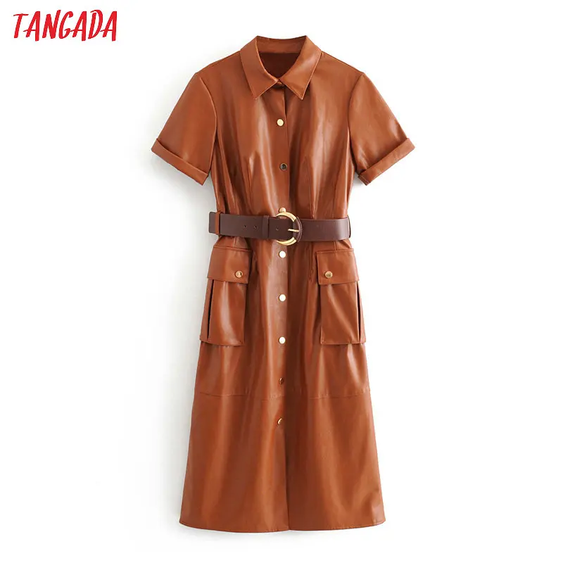 Skup Tangada kobiety PU faux skórzana sukienka z paskiem z krótkim rękawem retro elegancka damska brązowa sukienka midi vestido 3H166