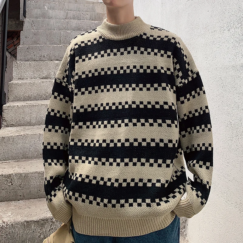 Winter New High Collar Sweater Men Warm Fashion Contrast Color Casual Knit Pullover Male Clothes Loose Long Sleeve Sweater Men