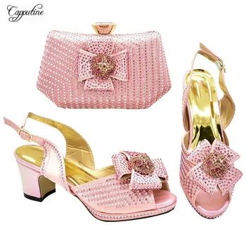 

Elegant Peach Wedding/Party High Heel Sandal Shoes And Handbag Sets With Stones 688-10 Heel Height 6.5CM