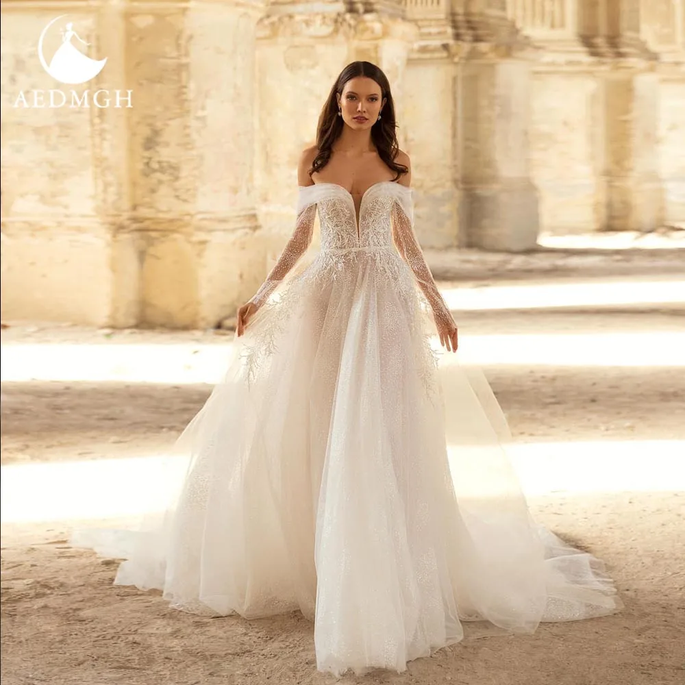 

Женское свадебное платье без бретелек Aedmgh, кружевное пляжное платье-трапеция с открытыми плечами и аппликацией, лето 2024