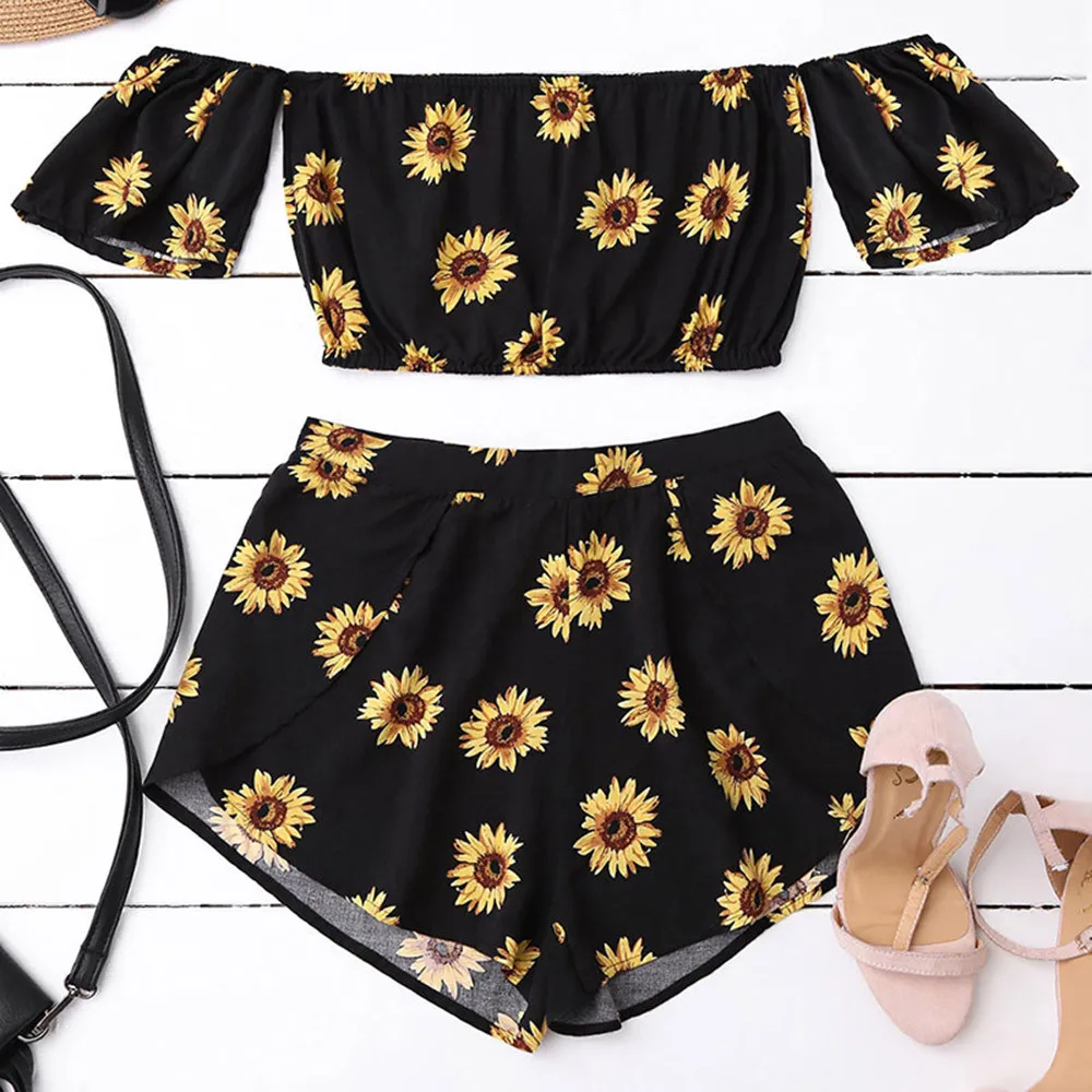 

Tracksuit For Women two piece set conjuntos de Casual Two Piece Set Women Off Shoulder Sunflower Printed Beachwear Crop Top #50