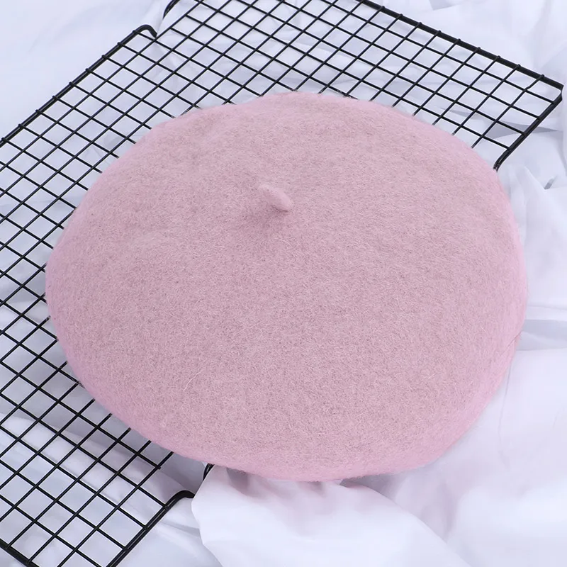 Light pink Одноцветный женский берет шерстяной пекарь Дамская Шляпка из газеты элегантная женская осенняя и зимняя теплая шапка художника берет Веселый горошек - Цвет: Light pink