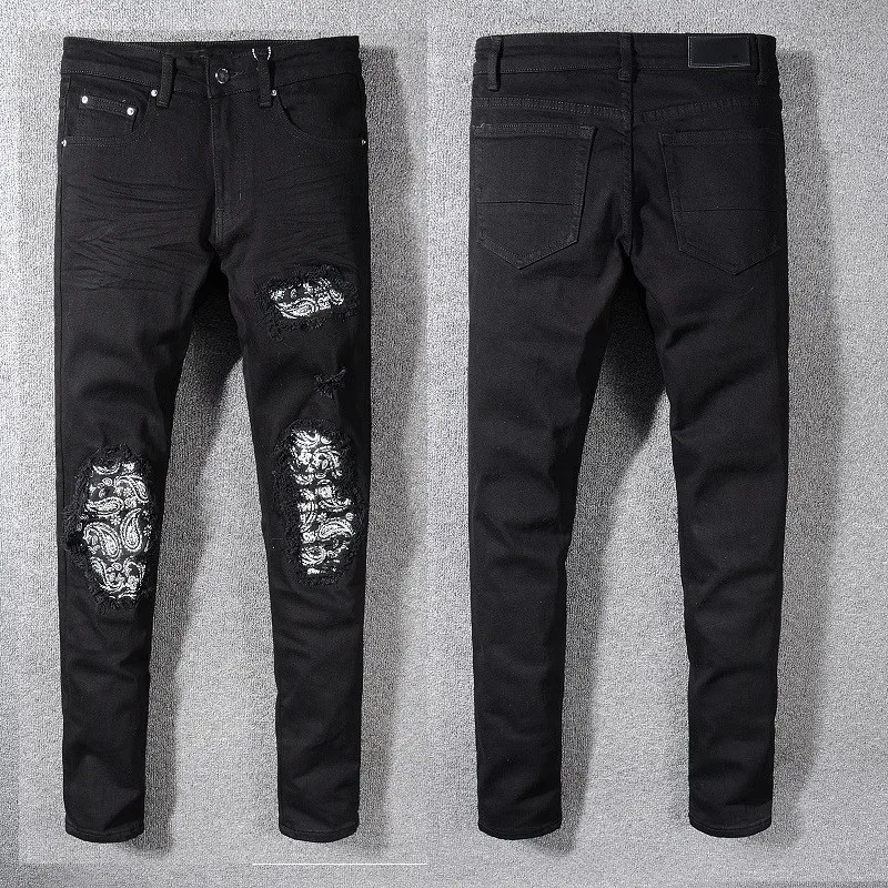 

2019 New arrived Men's Distressed Destroyed Pants Ribbed Art Crytal Patches Black Skinny Jeans Slim Trousers Size 28-42