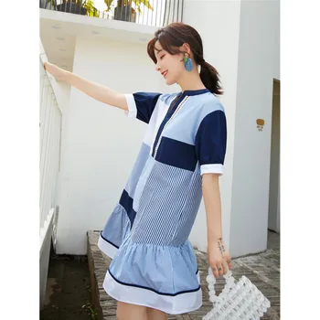 

WOMENGAGA Summer New Dress Vintage V-neck Ruffles A-line Striped Short Sleeve Patchwork Hollow Out Streetwear Girl Female A824