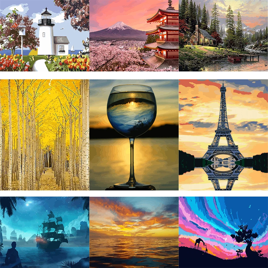 

AMTMBS Tower Landscape Kits House Kits DIY Oil Painting Picture By Numbers Drawing Modular For Office Living Room Decor 75x60cm