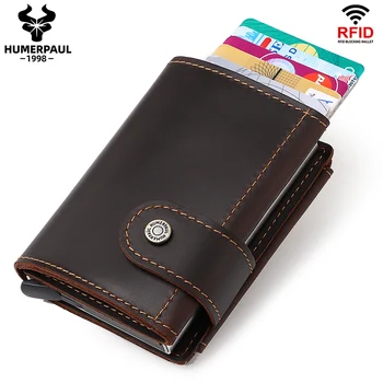 

Minimalist Aluminum Credit Card Holder Wallet for Men RFID Vintage Crazy Horse Leather Bank Cardholder Case Quality Coin Purse