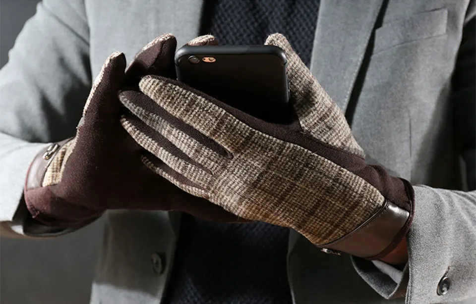 Мужская мода, мужские полосатые клетчатые теплые бархатные перчатки с сенсорным экраном, Кожаные Осенние и зимние ветрозащитные теплые перчатки