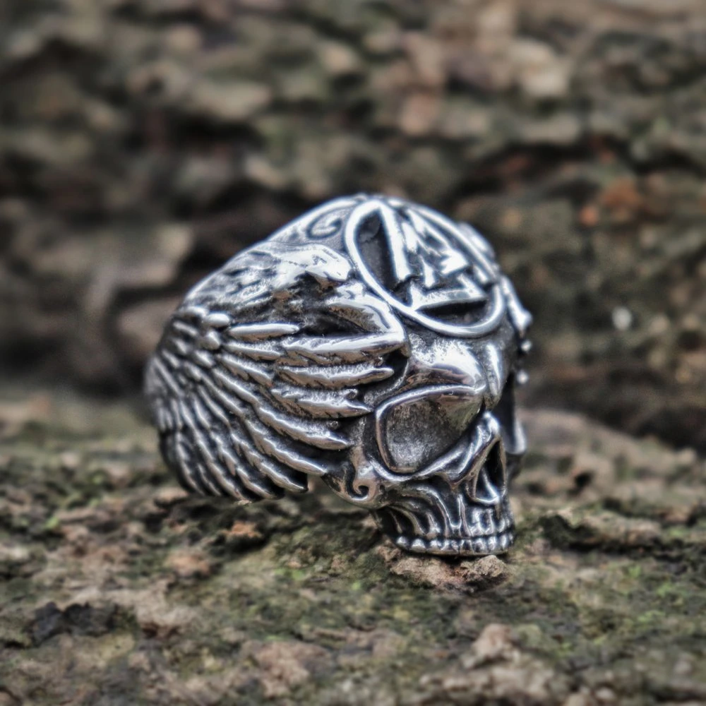 

EYHIMD Viking Valknut Symbol Sukll Stainless Steel Ring Mens Silver Ravens Biker Rings Norse Amulet Jewelry