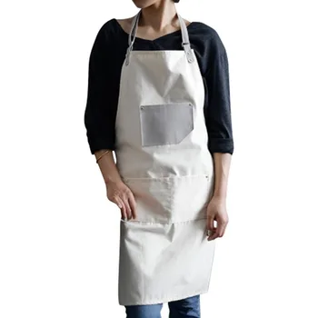 

Barber Fashion Canvas Cotton Aprons for Women Men Adjustable Leather Strap Apron with Leather Pocket and Center Pockets Pinafore