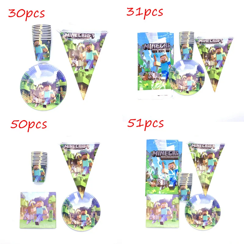 

51 pcs/lot Minecraft Paper Plates Cups Flags Party Sets For 10 People Use Minecraft Birthday Party Decorations Minecraft Napkins