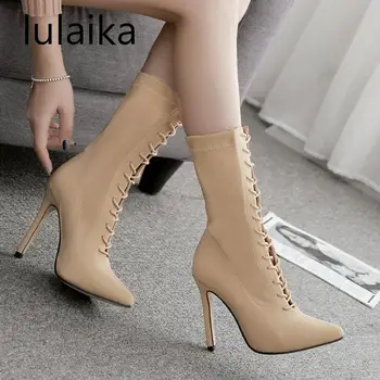 

2020 New Stretch Fabric Women Ankle Boots Heel Shoes High Heel Sexy Pointed Toe Lace-Up Boots For Spring Autumn 11 Cm Size 35-42