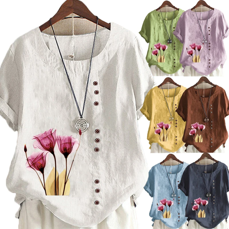 

Новое поступление, летняя модная женская льняная футболка с цветочным принтом, Повседневная Свободная рубашка с круглым вырезом и коротким рукавом, блузка, топы, большие размеры