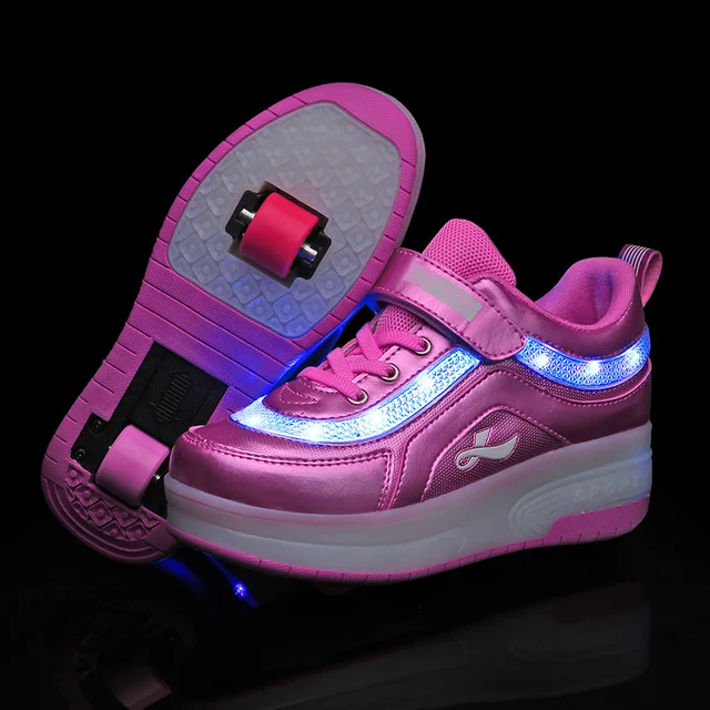US $13.11 Children Two Wheels Luminous Glowing Sneakers Black Pink Led Light Roller Skate Shoes Kids Led Shoe