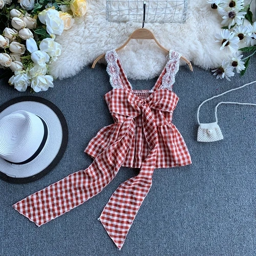 Красный Летние женские майки Camis сексуальные женские высокие уличные женские шифоновые Кружевной Галстук-бабочка женские футболки короткая женская рубашка в клетку - Цвет: Красный