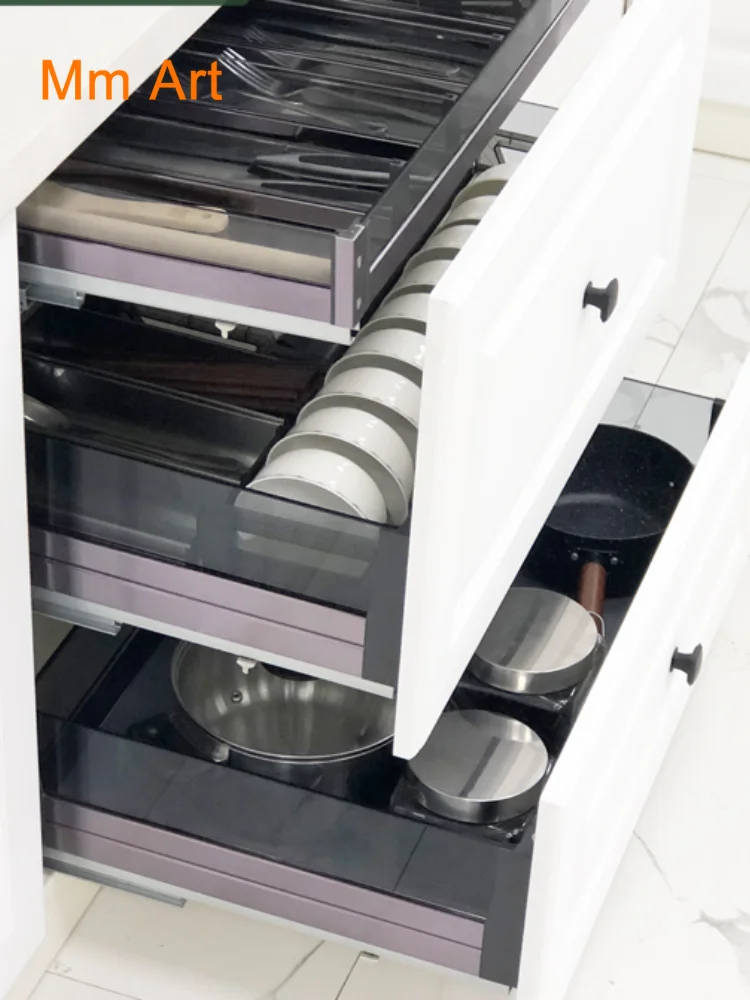 Drawer-Type Tempered Glass Kitchen Cabinet Storage Dish Rack