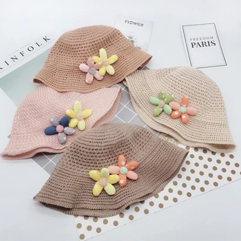 

Kids Wide Brim Hat Summer Beach Straw Woven Caps Sun Protection Bucket Cap Handmade Straw Cotton Hollow Out for Boy Girls