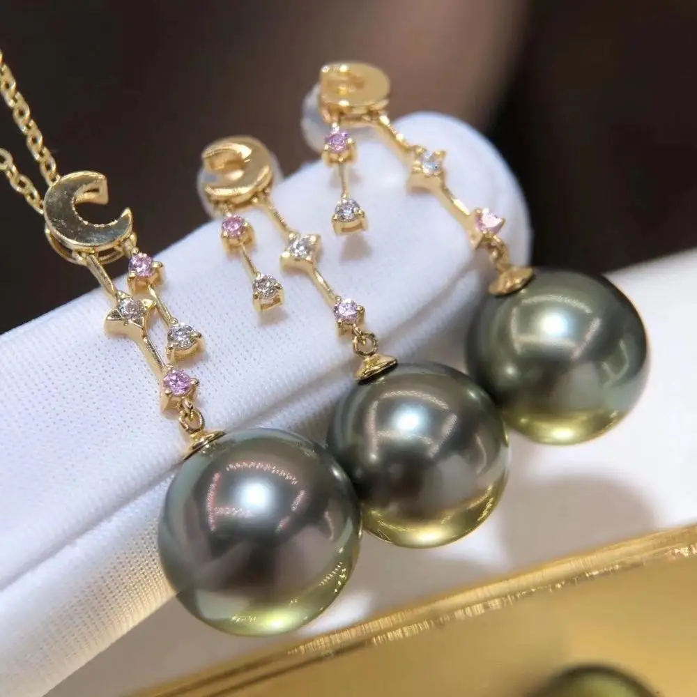 

D909 Pearl Set Fine Jewelry Solid 18K Gold Round 10-12mm Nature Sea Water Tahiti Black Pearls Jewelry Sets for Women Fine Gifts